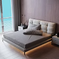 Modern Double Bed with Upholstered Headboard Gray Bedding Wooden Wall Nightstand and Window