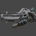 3D Rendered Sci-Fi Gun Featuring Silver Metallic Texture Complex Mechanical Structure And Yellow Triangle Symbol