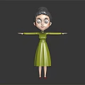 Playful Female Cartoon Character With Green Dress Gray Bun And Outstretched Arms On Dark Background 3d model