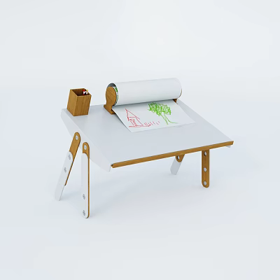 Kids Drawing Desk with Roll Paper Pencil Holder and Colorful Artwork 3d model