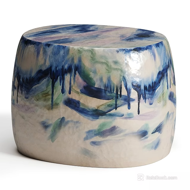 Artistic Dining Table With Blue Green Watercolor Dripping Patterns And Textured Ceramic Surface 3d model 