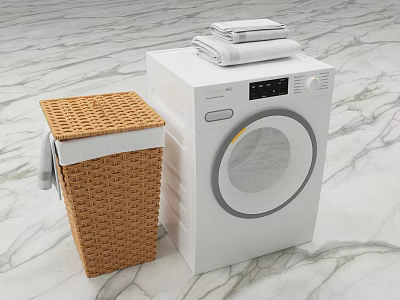 White Modern Washing Machine with Wicker Laundry Basket and Stacked Towels on Marble Floor 3d model