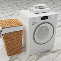 White Modern Washing Machine with Wicker Laundry Basket and Stacked Towels on Marble Floor