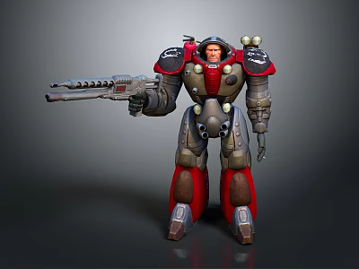 Futuristic Pilot In Red And Gray Mech Suit With Large Gun And Metallic Armor 3d model