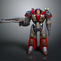 Futuristic Pilot In Red And Gray Mech Suit With Large Gun And Metallic Armor