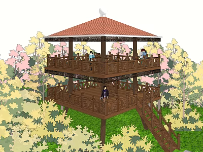 Two Story Wooden Observation Tower With Red Roof Surrounded by Trees and People 3d model