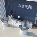 Modern Marble Reception Desk With Person Vase And Blue Stripe Wall