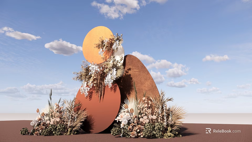 Wedding Decor Installation With Circular Structures Flowers Plants And Blue Sky Background 3d model 