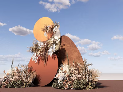 Wedding Decor Installation With Circular Structures Flowers Plants And Blue Sky Background 3d model