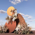 Wedding Decor Installation With Circular Structures Flowers Plants And Blue Sky Background