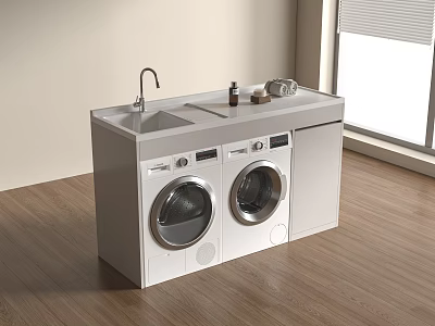 Modern Laundry Room Setup With Double Washing Machines Sink And Countertop 3d model