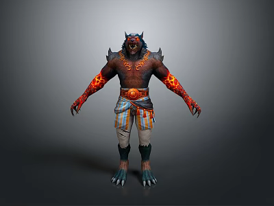 Fierce Mythical Game Character With Wolf Head Flaming Arms And Striped Pants 3d model