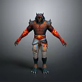 Fierce Mythical Game Character With Wolf Head Flaming Arms And Striped Pants