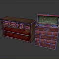 Dark Multi Layer Shelf With Yellow Items And Open Wooden Chest Containing Red Green Items
