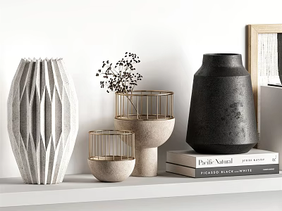 Modern Decorative Ornament Set With Geometric Vases Metal Frame Decor Dried Flowers And Books 3d model