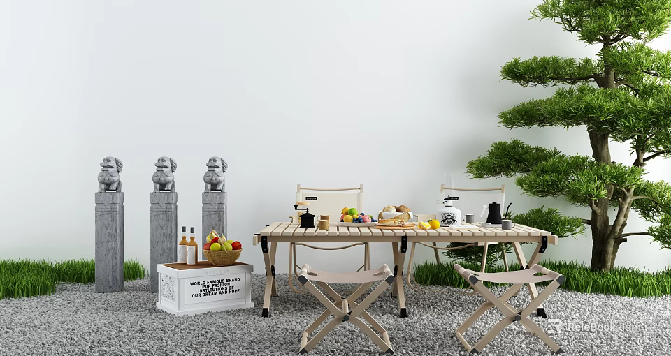 Garden Landscape With Stone Lions Pillars Wooden Table Chairs Fruits Drinks And Green Plants 3d model 