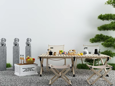 Garden Landscape With Stone Lions Pillars Wooden Table Chairs Fruits Drinks And Green Plants 3d model