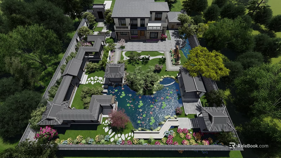 Traditional Chinese Courtyard Garden With Pond Water Lilies Stone Paths Traditional Buildings And Green Plants 3d model 