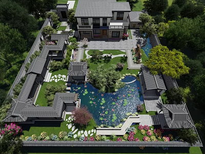 Traditional Chinese Courtyard Garden With Pond Water Lilies Stone Paths Traditional Buildings And Green Plants 3d model