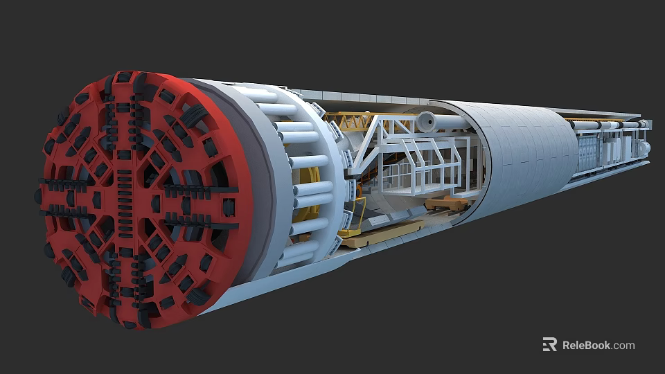 Industrial Tunnel Boring Machine With Red Cutter Head And Internal Mechanical Components 3d model 