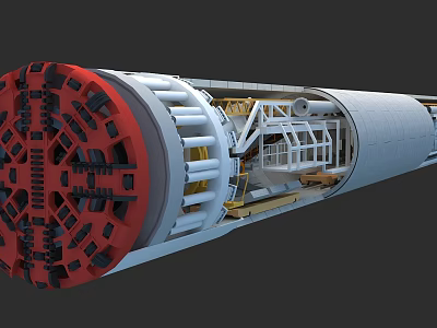 Industrial Tunnel Boring Machine With Red Cutter Head And Internal Mechanical Components 3d model