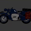 Vintage Blue Motorcycle With Sidecar Spare Tire And Red Storage Box