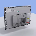 Computer Monitor with Silver Frame and Black Screen on White Desk Light Blue Background