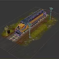 Yellow and blue train on railway tracks with green vegetation utility poles and signal signs