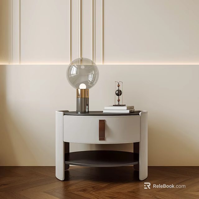 Modern White Leather Nightstand With Glass Globe Lamp Stack Of Books And Beige Wall Lighting 3d model 