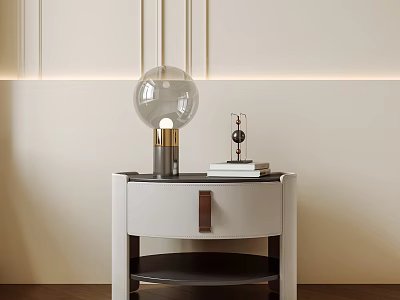 Modern White Leather Nightstand With Glass Globe Lamp Stack Of Books And Beige Wall Lighting 3d model