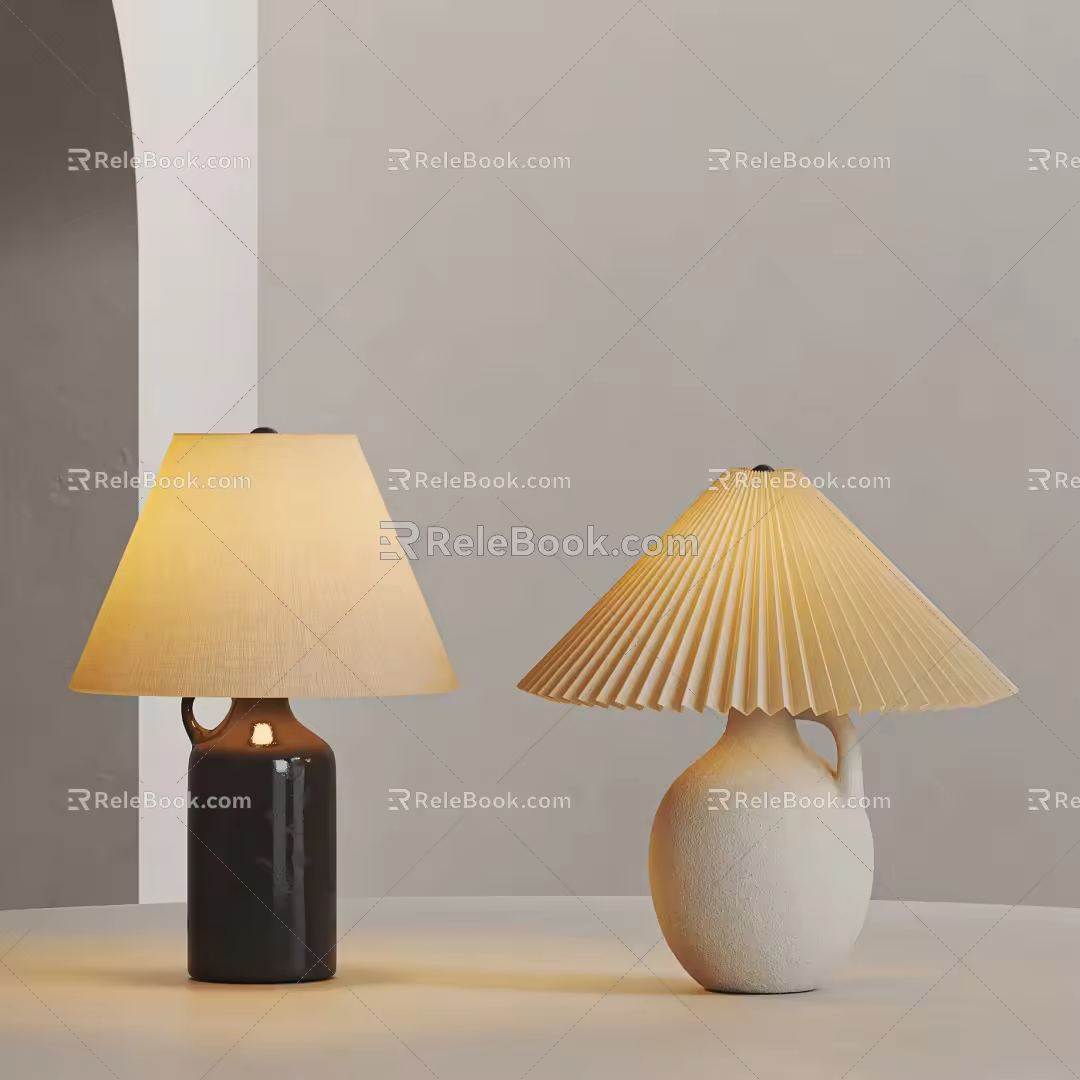 Middle Ancient Style Table Lamp Combination Linen Cloth Table Lamp Pleated Table Lamp Pottery Pot Table Lamp Cream Style Table Lamp 3d model