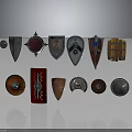 Various Decorative Shields With Round Pointed And Emblem Designs In Metal And Wooden Styles