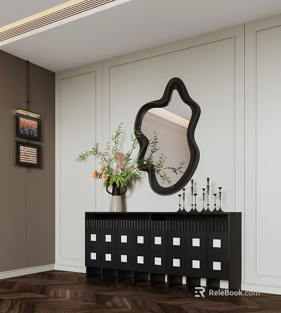 Stylish Entryway Console Cabinet With Irregular Black Mirror Green Plant Vase White Panel Decor 3d model 