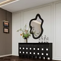 Stylish Entryway Console Cabinet With Irregular Black Mirror Green Plant Vase White Panel Decor