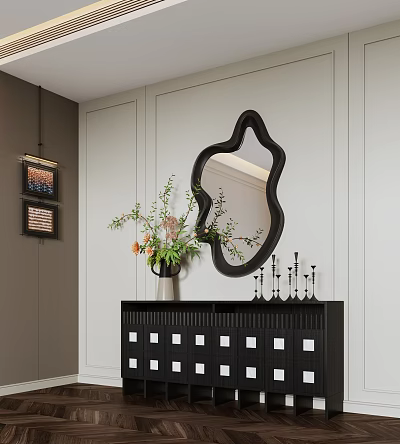 Stylish Entryway Console Cabinet With Irregular Black Mirror Green Plant Vase White Panel Decor 3d model