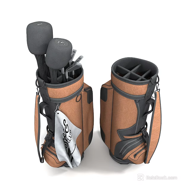 Brown Golf Bag With Golf Clubs And Towel In Durable Leather Portable Design 3d model 