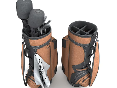 Brown Golf Bag With Golf Clubs And Towel In Durable Leather Portable Design 3d model