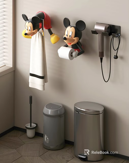 Mickey Shaped Bathroom Accessories with Towel Rack Toilet Paper Holder Hair Dryer Holder Trash Cans 3d model 