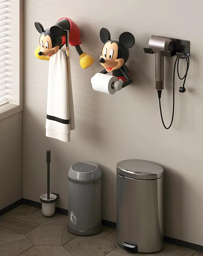 Mickey Shaped Bathroom Accessories with Towel Rack Toilet Paper Holder Hair Dryer Holder Trash Cans 3d model