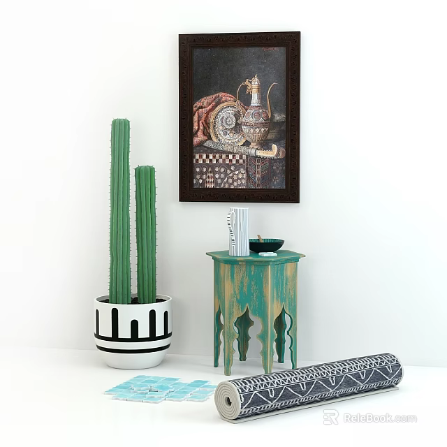 Elegant Wall Decor With Framed Art Cactus In Patterned Pot And Green Side Table 3d model 