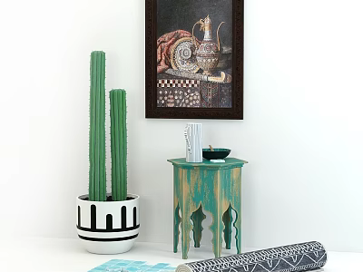 Elegant Wall Decor With Framed Art Cactus In Patterned Pot And Green Side Table 3d model
