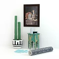 Elegant Wall Decor With Framed Art Cactus In Patterned Pot And Green Side Table