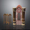 Traditional Islamic Inspired Decorative Furniture Set With Carved Wooden Screen And Patterned Columns