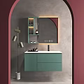 Modern Bathroom Vanity Design With Round Backlit Mirror Gray Wall Beige Cabinet And Toiletries