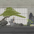Zen Natural Indoor Landscape With Pine Tree Stacked Stones Slatted Screen And Stone Wall Lighting