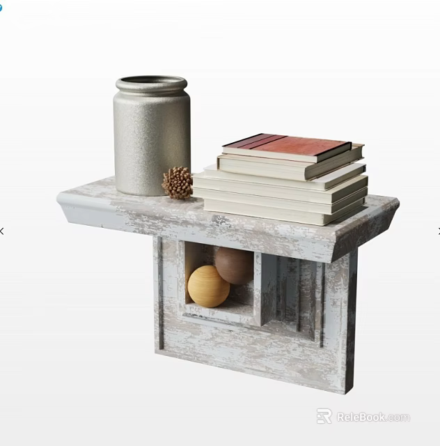 Rustic Storage Display Shelf With Silver Jar Stack Of Books Pinecone And Balls 3d model 