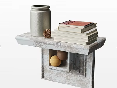 Rustic Storage Display Shelf With Silver Jar Stack Of Books Pinecone And Balls 3d model