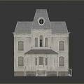Victorian Style House Exterior Design With Gray Roof White Walls Porch Steps And Attic Window