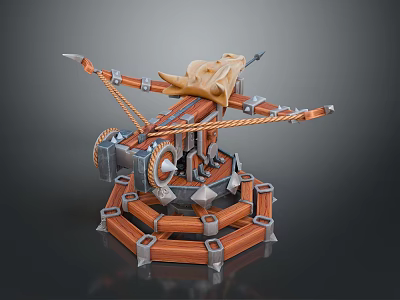 Medieval Catapult Weapon With Wooden Structure Metal Parts Ropes And Multi Tiered Base 3d model