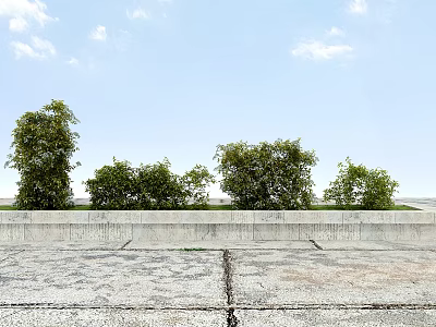 Green Bushes And Trees With Blue Sky White Clouds Over Concrete Wall And Ground 3d model